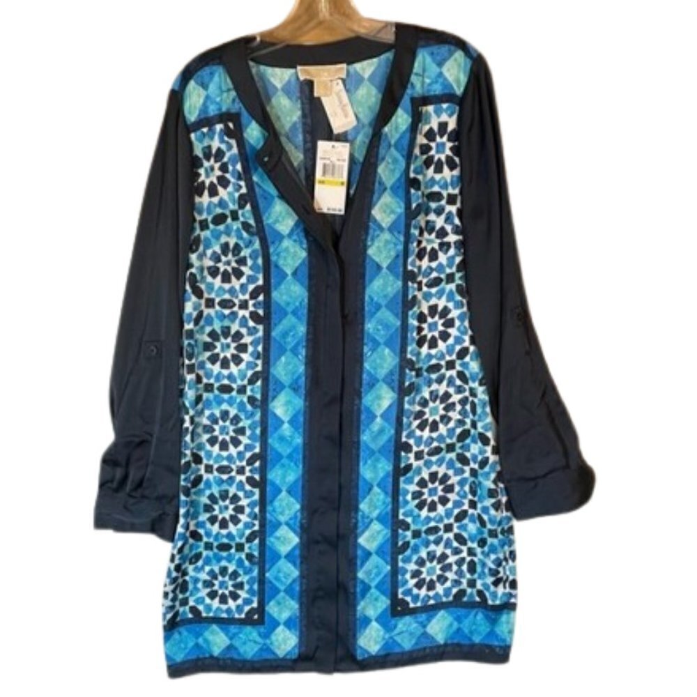 NWT MICHAEL Michael Kors Blue Geometric Print Shirt Dress M